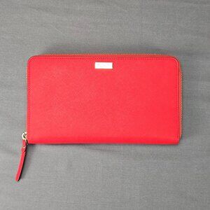 Kate Spade Red Saffiano Leather Zip Around Wallet RFID Gold Hardware Classic